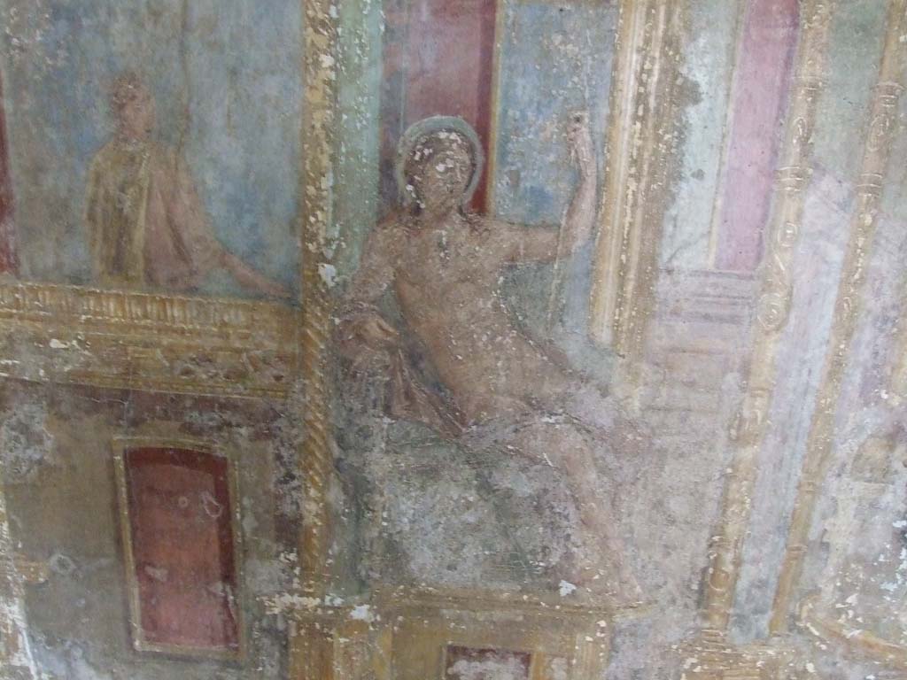 VI.7.23 Pompeii. December 2006. Cubiculum. South alcove, south wall.
Female figure leaning from a balcony.
See Caso L., in Rivista di Studi Pompeiani III, 1989, p. 112.
