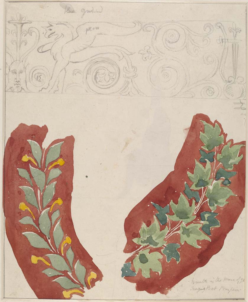 VI.8.3 Pompeii, c.1870’s?. 
Room 15, painting by Sydney Vacher showing detail of garlands surrounding the medallions with cupids.
The pencil drawing at the top has not yet been identified, and may not be from this room.
Photo © Victoria and Albert Museum, inventory number E.4429-1910. 
