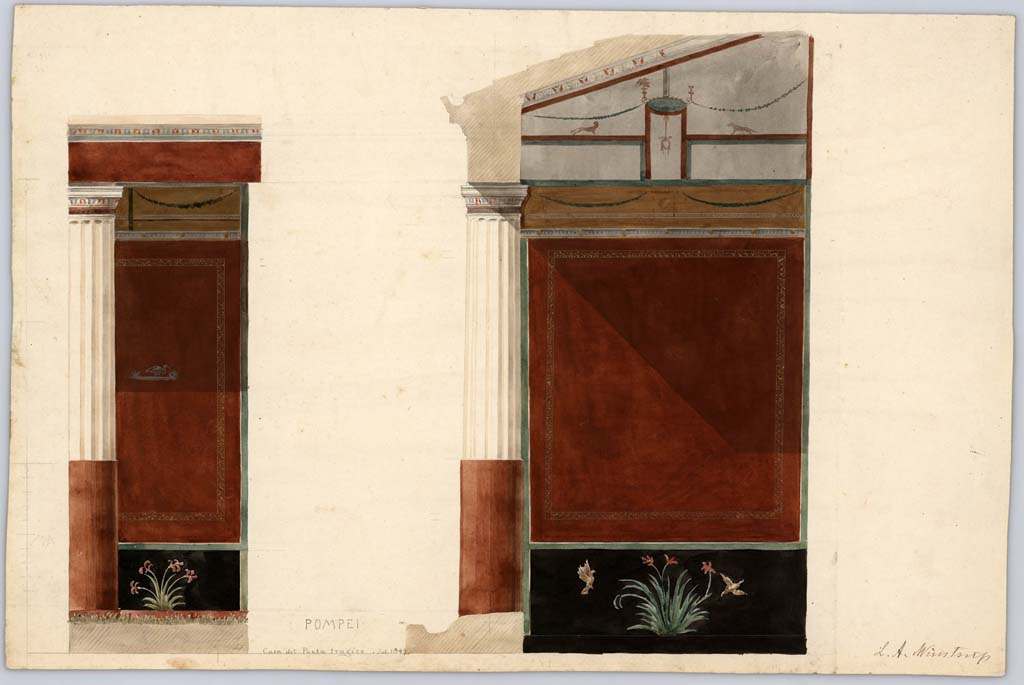 VI.8.3/5 Pompeii. House of the Tragic Poet. Peristyle with aedicula lararium. 
Old undated photograph. Courtesy of Society of Antiquaries. Fox Collection. 
