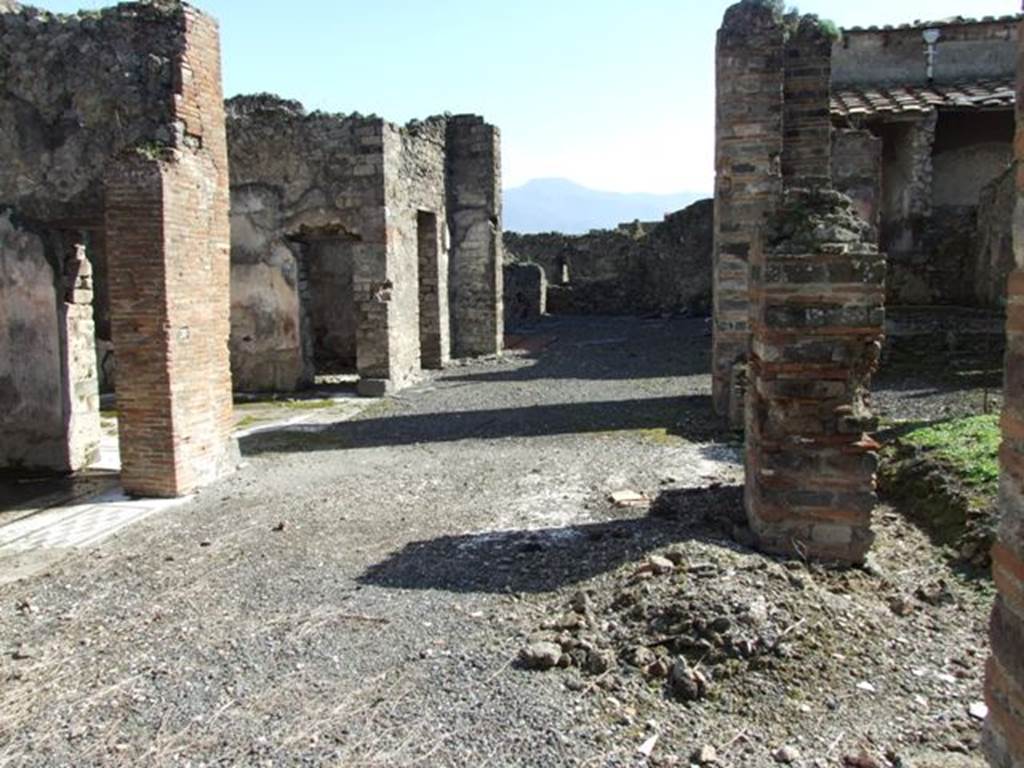 VI.8.20 Pompeii. March 2009. Room 4, looking south across east side of peristyle area.  
According to Jashemski, the peristyle garden (excavated in 1825-26) had a portico on all four sides.
This was supported by eleven thick brick pillars which had replaced earlier columns.
The pillar in the middle of the east side is not shown on the Eschebach plan.
Between the two pillars at the south end of the east side of the portico there was a fountain.
On three sides of the corner (left) pillar was a remarkable series of four paintings which pictured in detail the various processes in the fulling industry.
See Jashemski, W. F., 1993. The Gardens of Pompeii, Volume II: Appendices. New York: Caratzas. (p.134, figs 145,6,7,8)
