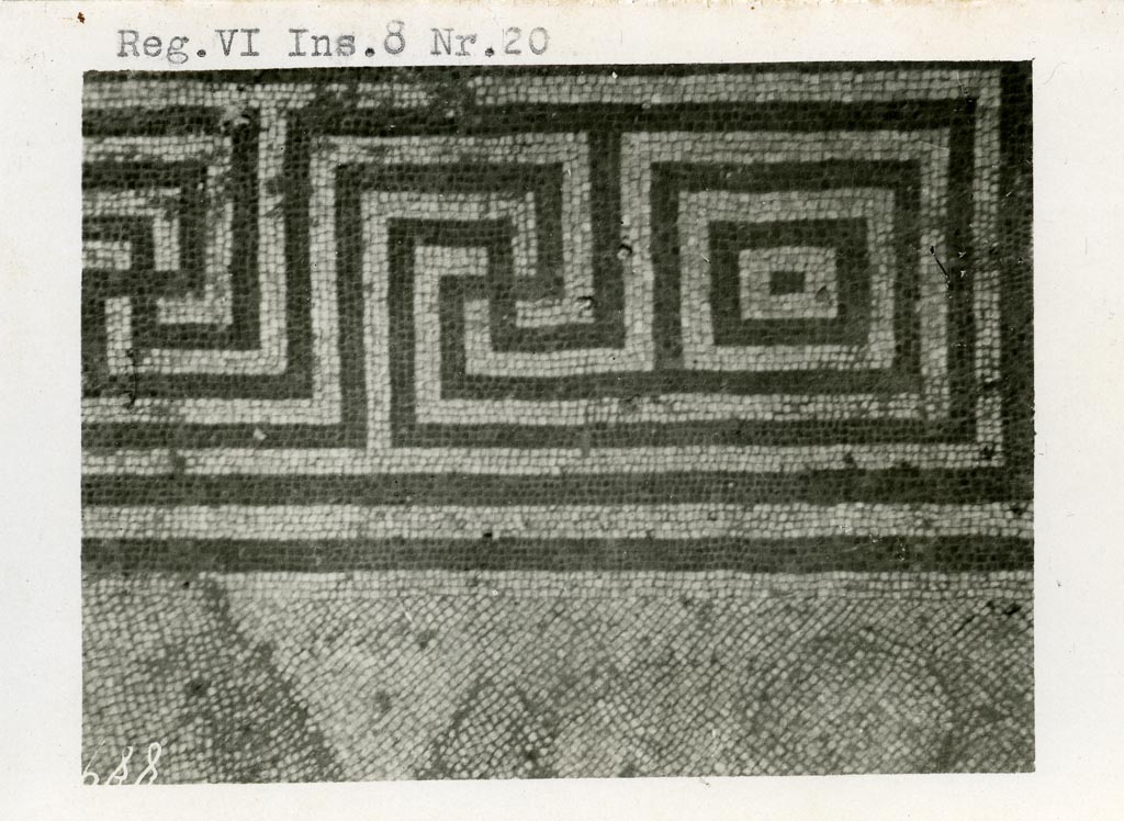 VI.8.20 Pompeii. Pre-1937-39. 
Room 6, looking across mosaic floor towards east wall, where the painted decoration can still be seen.
Photo courtesy of American Academy in Rome, Photographic Archive. Warsher collection no. 888.


