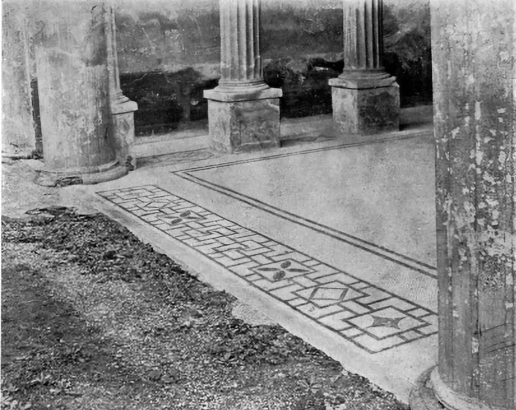 VI.9.2 Pompeii. c.1930. Room 24, looking north-east along threshold and mosaic flooring.
See Blake, M., (1930). The pavements of the Roman Buildings of the Republic and Early Empire. Rome, MAAR, 8, (p.100,120, & Pl. 32, tav.3).

