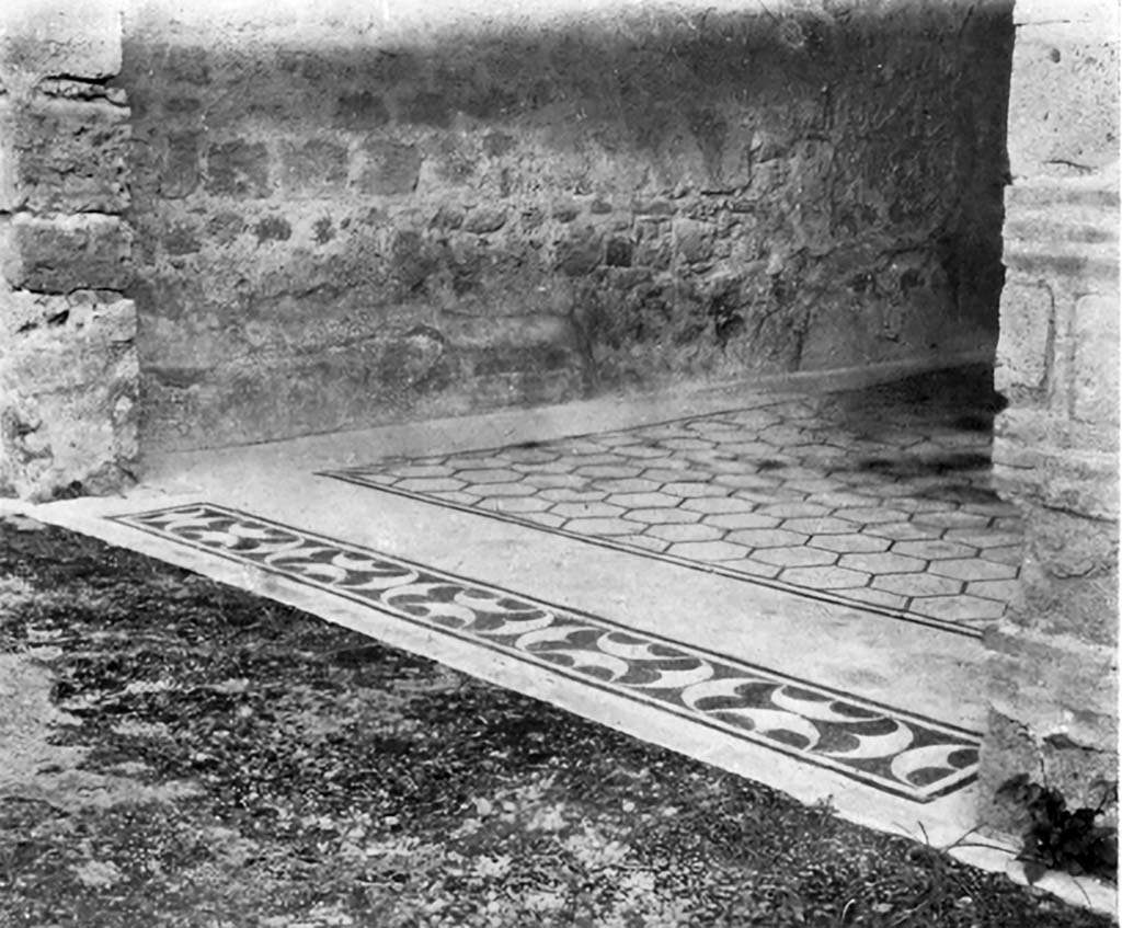 VI.9.2 Pompeii. c.1930. Room 26, looking north-east along threshold and mosaic flooring.
See Blake, M., (1930). The pavements of the Roman Buildings of the Republic and Early Empire. Rome, MAAR, 8, (p. 100,104,109, & Pl.32, tav.1).
