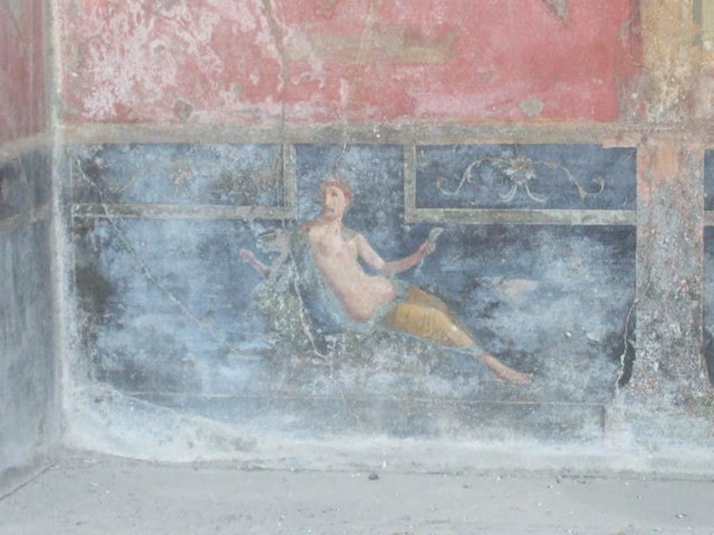 VI.9.2 Pompeii. May 2006. Room 26, north end of east wall, painting of reclining figure.