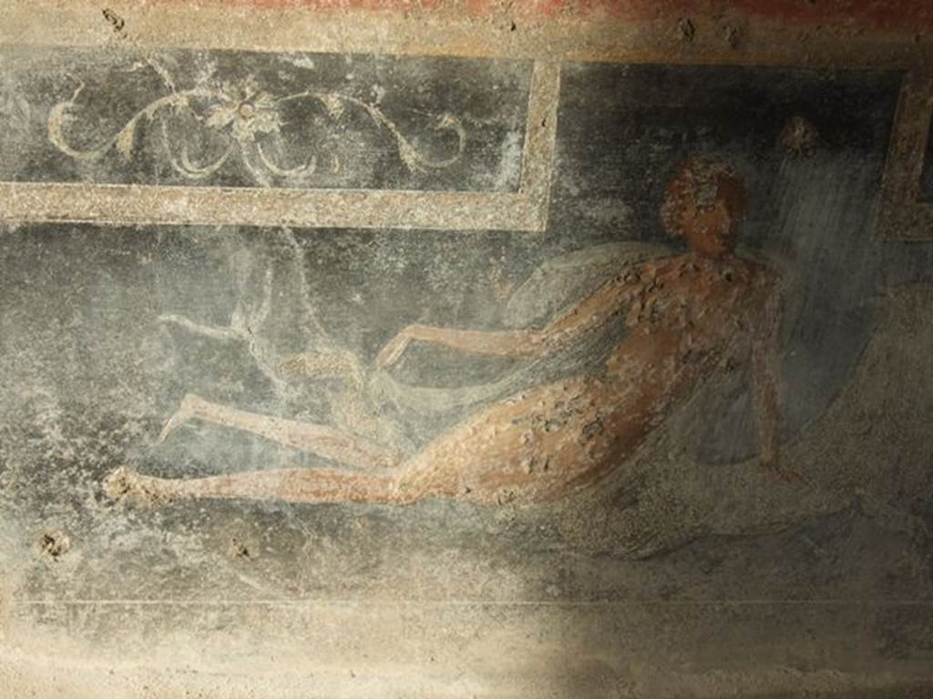 VI.9.2 Pompeii. December 2007. Room 26, east end of north wall, painting of reclining figure.