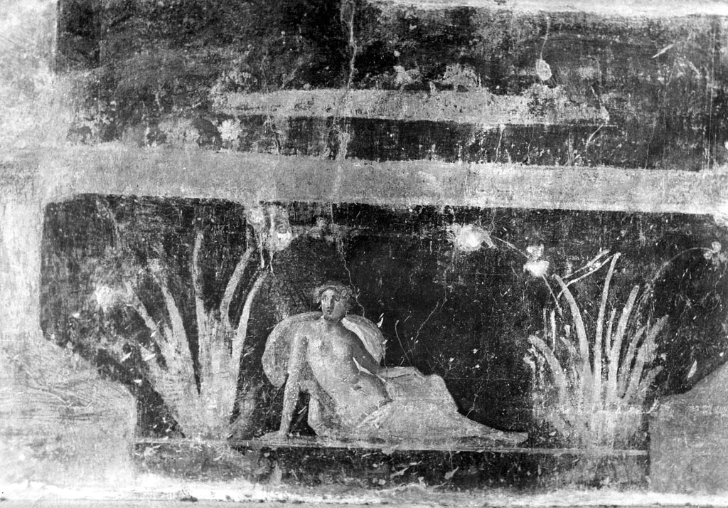 VI.9.2 Pompeii. December 2007. Room 27, painting of reclining figure from dado on west wall.