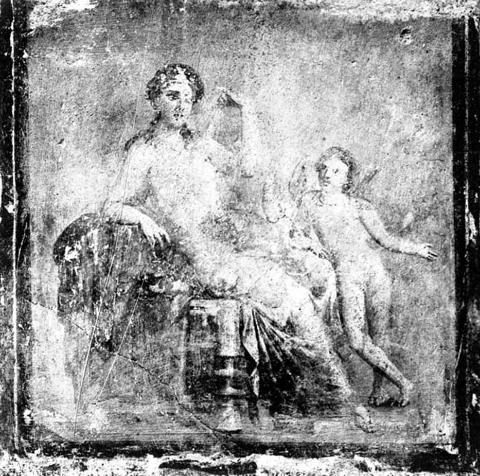 VI.9.2 Pompeii. W.135. Wall painting of a sitting woman with cupid.
According to Bragantini, a painting of a seated woman and cupid was found in the centre of the east wall.
It was then removed. 
See Bragantini, de Vos, Badoni, 1983. Pitture e Pavimenti di Pompei, Parte 2. Rome: ICCD. (p.198)
See Helbig, W., 1868. Wandgemälde der vom Vesuv verschütteten Städte Campaniens. Leipzig: Breitkopf und Härtel. (1429)
See Real Museo Borbonico, VIII, taf 5.
See Zahn, W., 1852. Die schönsten Ornamente und merkwürdigsten Gemälde aus Pompeji, Herkulanum und Stabiae: III. Berlin: Reimer, 58.
Photo by Tatiana Warscher. With kind permission of DAI Rome, whose copyright it remains. 
See http://arachne.uni-koeln.de/item/marbilderbestand/230963 
