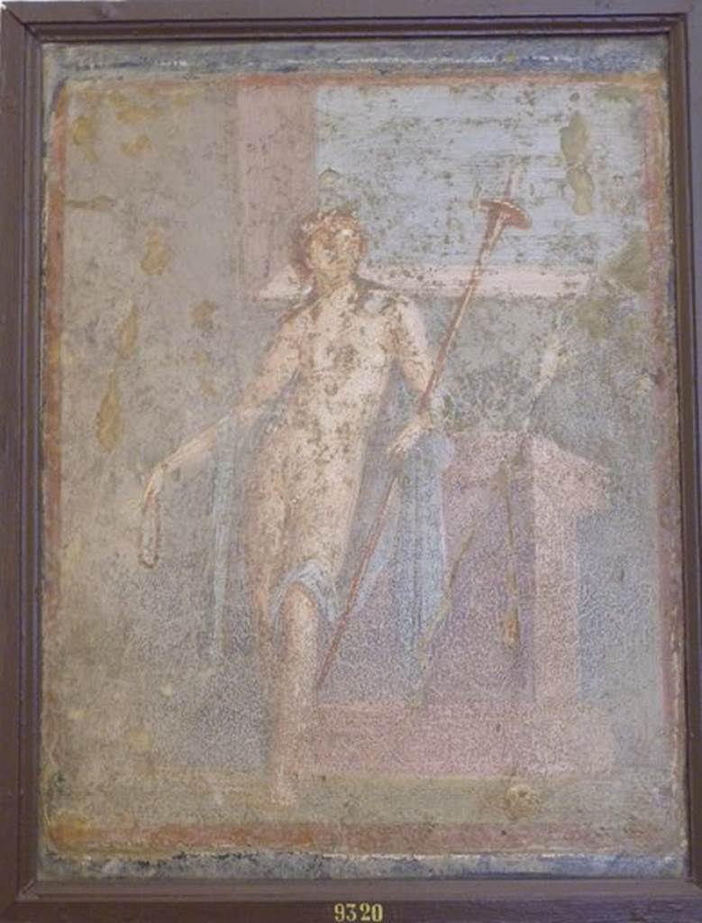 VI.9.2 Pompeii. Found 19th January 1830. Peristyle 16, west wall. Wall painting of the fight between Pan and Eros in the presence of Silenus. Now in Naples Archaeological Museum. Inventory number 9124. See Helbig, W., 1868. Wandgemälde der vom Vesuv verschütteten Städte Campaniens. Leipzig: Breitkopf und Härtel. (406).