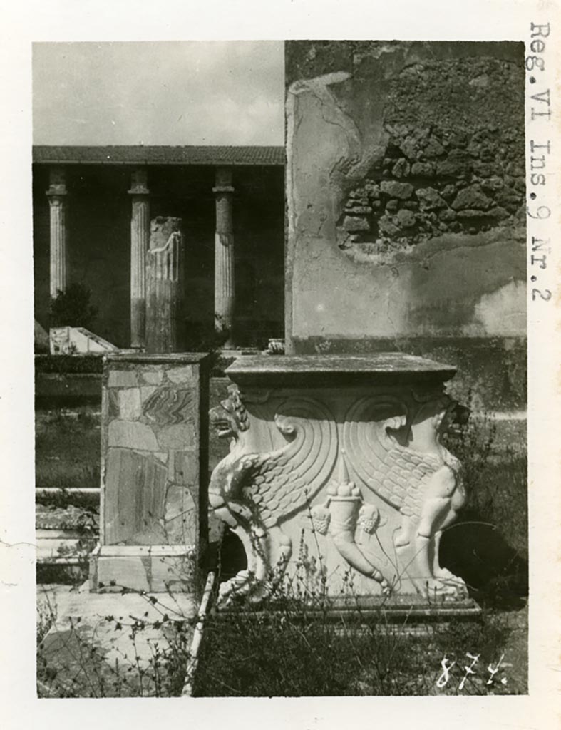 VI.9.2 Pompeii. 1937-39. Room 2, looking north across atrium to marble table leg, and pediment, in front. Photo courtesy of American Academy in Rome, Photographic Archive. Warsher collection no. 874
