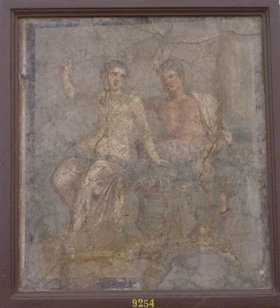 VI.9.2 Pompeii. 22nd September 1829. Room 12, west wall of cubiculum on south side of atrium. Wall painting of a couple at a banquet seated on a triclinium with a round table on which are glasses.Now in Naples Archaeological Museum. Inventory number 9254. See Helbig, W., 1868. Wandgemälde der vom Vesuv verschütteten Städte Campaniens. Leipzig: Breitkopf und Härtel. (1448b).

