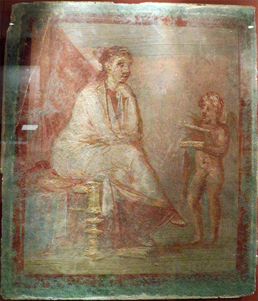 VI.9.2 Pompeii. Wall painting of Cupid revealing the contents of a gilded box to a seated woman, found in room 13. 
Now in the Ashmolean Museum Oxford.
Photo courtesy Carole Raddato, Wikimedia Commons. See Original on Wikimedia
Use subject to Creative Commons Attribution Sharealike 2 licence.

