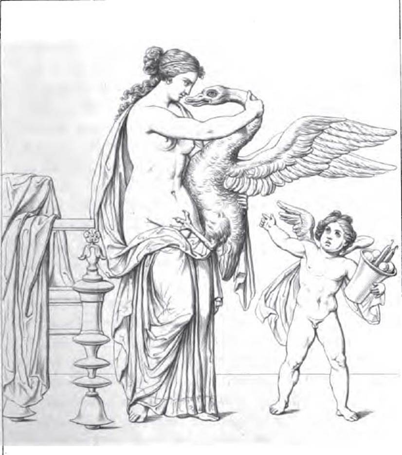 VI.9.2 Pompeii. Drawing of painting of Leda and the swan, from the west wall of room 14.
See Real Museo Borbonico, X, taf 3.
