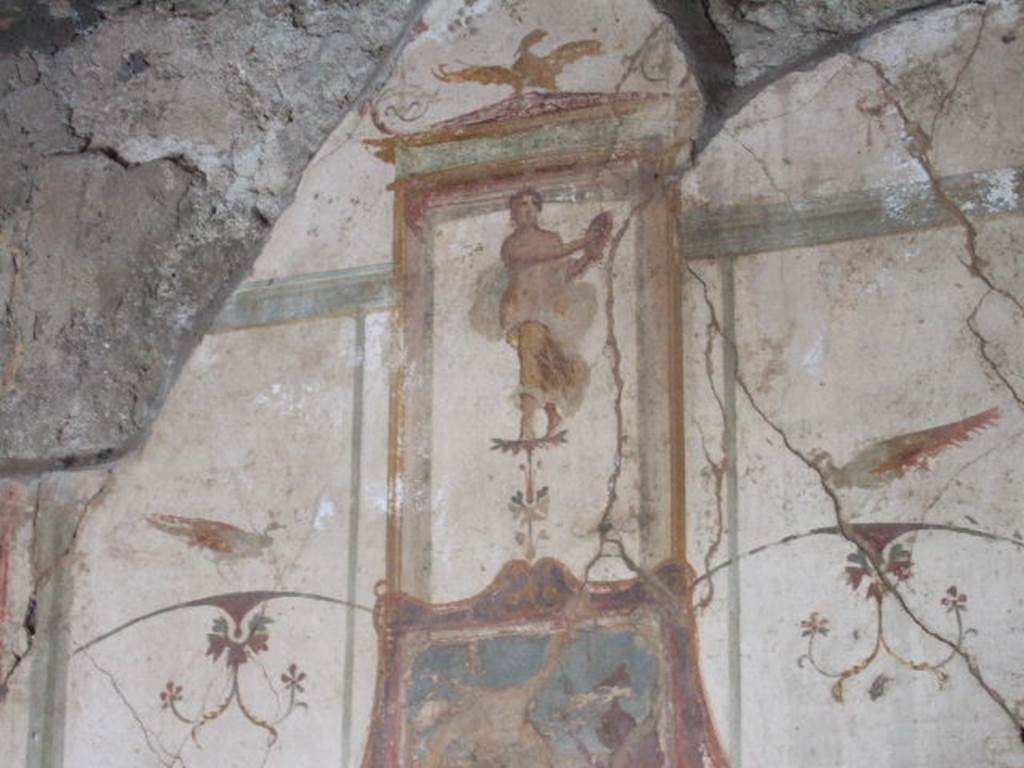 VI.9.2 Pompeii. September 2005. Room 29, painted maenad with tambourine, from upper central of south wall.