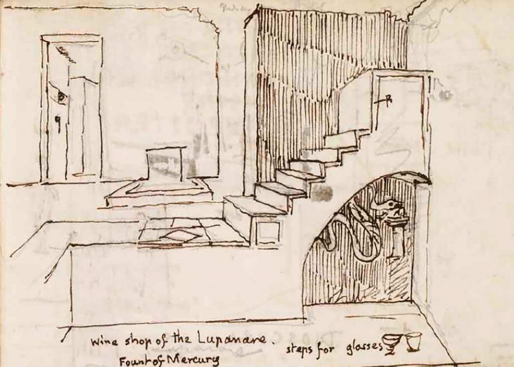 VI.10.1 Pompeii. c.1830. Drawing by Gell, looking west towards Via di Mercurio with fountain outside VI.8.24.
The lararium painting showing a single serpent is seen under the steps.
See Gell, W. Sketchbook of Pompeii, c.1830. 
See book from Van Der Poel Campanian Collection on Getty website http://hdl.handle.net/10020/2002m16b425
According to Boyce, on the [south wall]? beneath the stairs was a lararium painting: 
A single serpent about to devour the offerings – an egg and a pine cone – on a burning altar.
See Boyce G. K., 1937. Corpus of the Lararia of Pompeii. Rome: MAAR 14.  (p.50, no.180).

