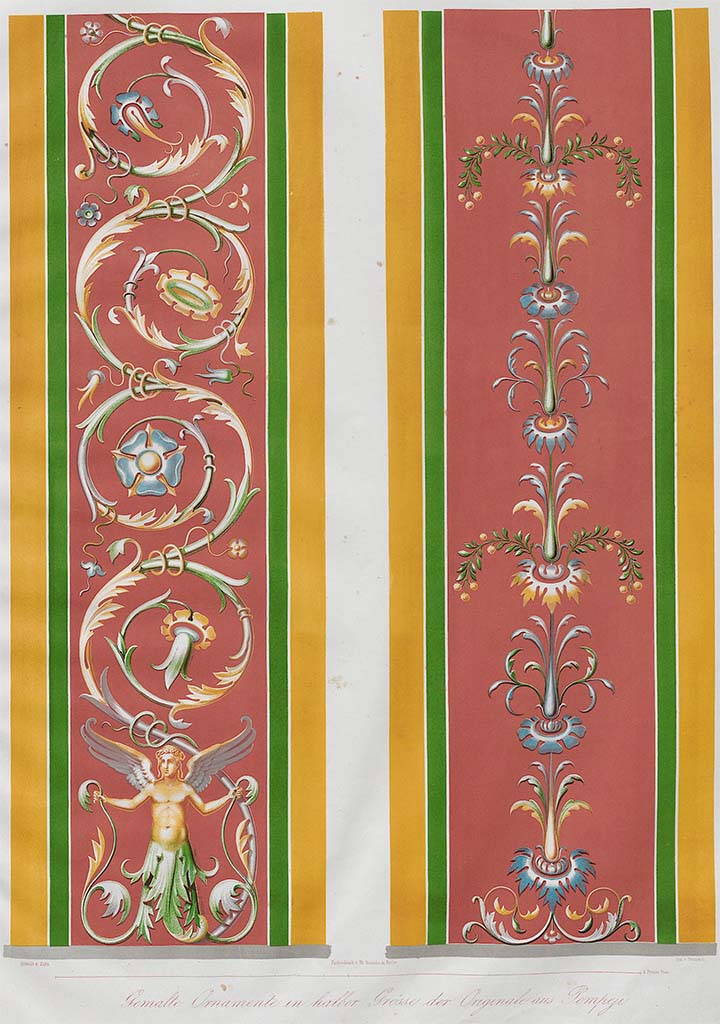VI.10.2 Pompeii. Decoration, on right.
According to Zahn, these were paintings of two decorations in their original colours.
The decoration on the right was found on an exterior wall of a house in Via di Mercurio, see VI.10.2.
The other decoration, on the left, with the arabesque with the flying figure at its base was painted in a small room of a house of the street, situated between the Pantheon and the Casa dei Capitelli figurati. (presumably from Via degli Augustali either VII.4 or IX.7, but not located yet).
See Zahn, W., 1852-59. Die schönsten Ornamente und merkwürdigsten Gemälde aus Pompeji, Herkulanum und Stabiae: III. Berlin: Reimer, Taf. 37.
