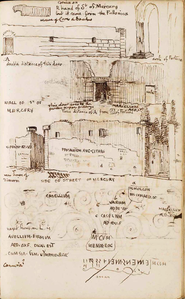 VI.10.6 Pompeii. c.1830. Page from William Gell’s Sketchbook showing street and house fronts and inscriptions.
The wall in the lower drawing shows VI.10.6 (left) and VI.10.7 (right).
The middle drawing shows the doorway at VI.10.8.
The top drawing shows from the Arch to the doorway at VI.10.9.
See Gell, W. Sketchbook of Pompeii, c.1830. 
See book from Van Der Poel Campanian Collection on Getty website http://hdl.handle.net/10020/2002m16b425
