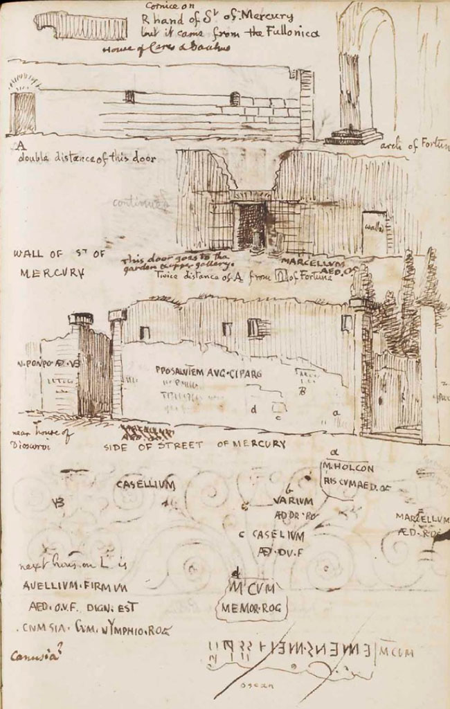 VI.10.8 Pompeii. c.1830. Page from William Gell’s Sketchbook showing street and house fronts and inscriptions.
The middle drawing shows the doorway at VI.10.8.
The top drawing shows from the Arch to the doorway at VI.10.9.
The wall in the lower drawing shows VI.10.6 and VI.10.7.
See Gell, W. Sketchbook of Pompeii, c.1830. 
See book from Van Der Poel Campanian Collection on Getty website http://hdl.handle.net/10020/2002m16b425
