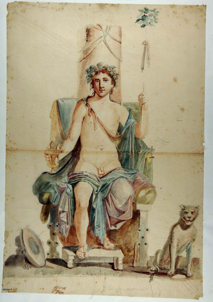 VI.10.11 Pompeii. Room 3, wall painting of Bacchus on his throne, from south wall of atrium.
Watercolour copy by Giuseppe Marsigli, finished 29th October 1828, of a painted panel from the atrium.
Now in Naples Archaeological Museum. Inventory number ADS 374a.
Photo © ICCD. http://www.catalogo.beniculturali.it
Utilizzabili alle condizioni della licenza Attribuzione - Non commerciale - Condividi allo stesso modo 2.5 Italia (CC BY-NC-SA 2.5 IT)
The original painting was then detached and is now in Naples Museum, inventory number 9456.
