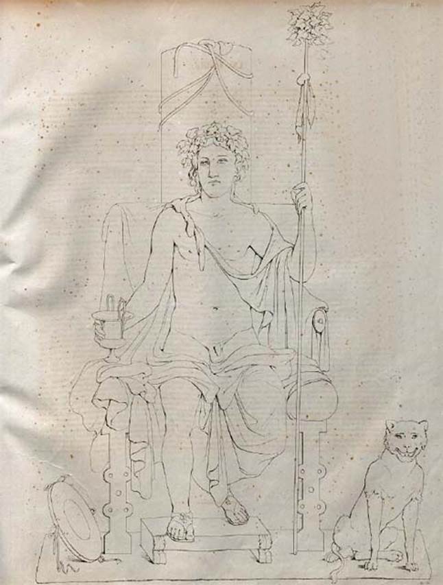 VI.10.11 Pompeii. 
Room 3, drawing of sitting Bacchus, crowned with ivy, and a cup in his hand, his panther at his side.
See Zahn, W., 1842. Die schönsten Ornamente und merkwürdigsten Gemälde aus Pompeji, Herkulanum und Stabiae: II. Berlin: Reimer. (Tav. 81)
The painting is now in Naples Archaeological Museum, inventory number 9456.
Kuivalainen comments –
“Bacchus portrayed with a panther, with no interactivity between the figures; both are looking towards the viewer. He is one of the several enthroned divinities in the atrium.”
See Kuivalainen, I., 2021. The Portrayal of Pompeian Bacchus. Commentationes Humanarum Litterarum 140. Helsinki: Finnish Society of Sciences and Letters, (p.119-120, C20).
