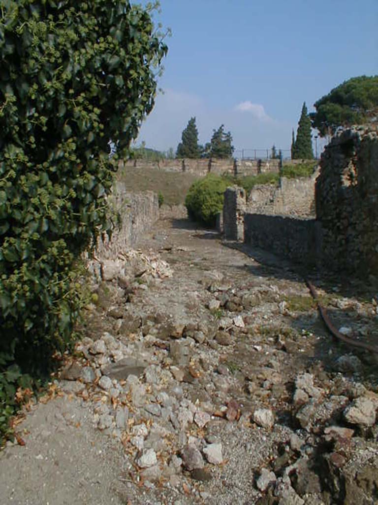 VI.9 Pompeii, on left. September 2004. Vicolo del Fauno looking north towards city walls. VI.11, on right.
