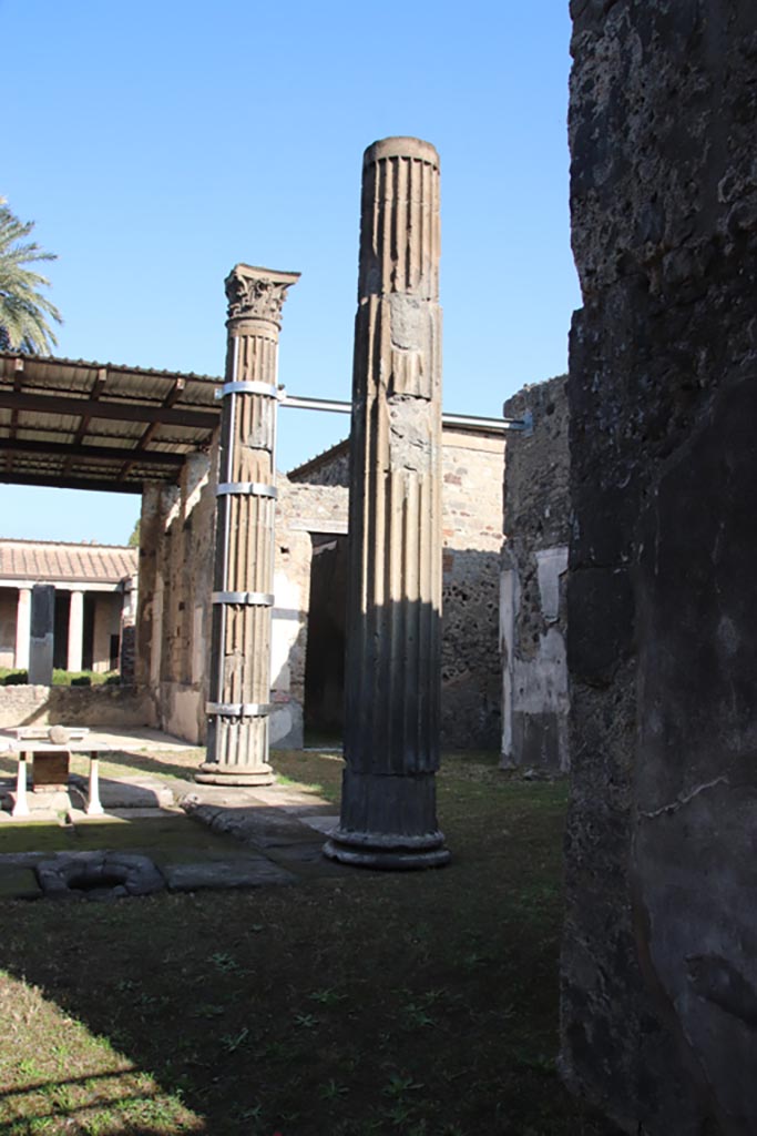 VI.11.10 Pompeii. October 2023. 
Looking towards columns on east side of impluvium. Photo courtesy of Klaus Heese.
