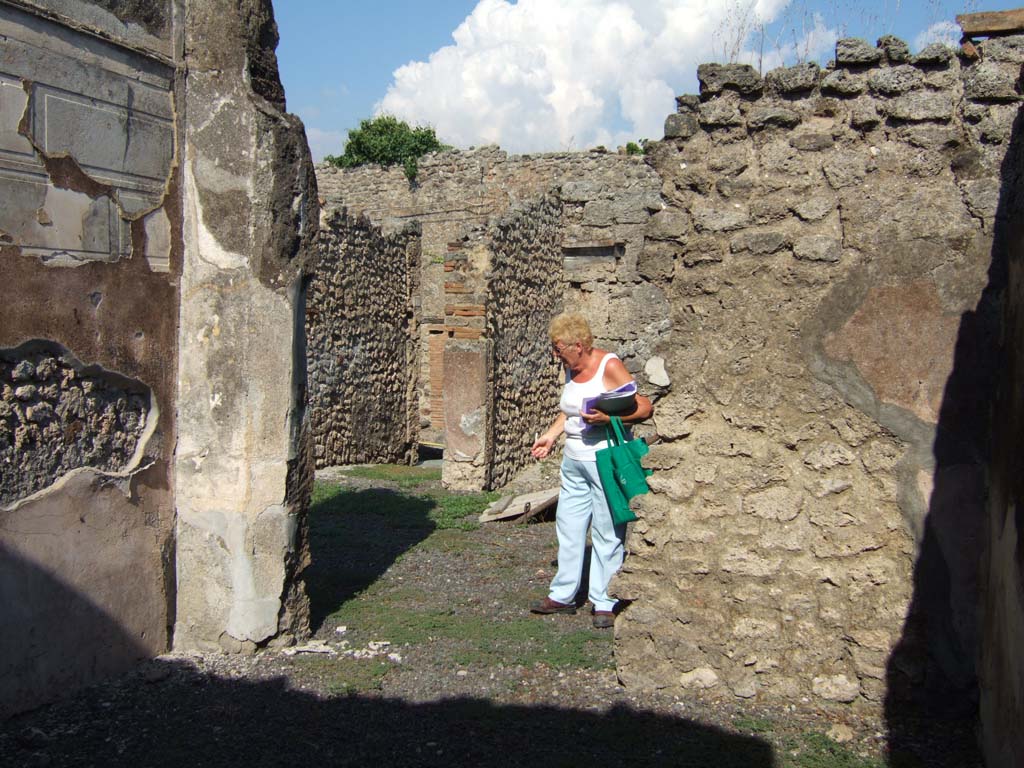 VI.11.12 Pompeii. September 2005. Looking east through doorway of oecus (6) into south ala (17). 
At the rear of the figure, and on the south side of entrance corridor, is the doorway to cubiculum (16).
