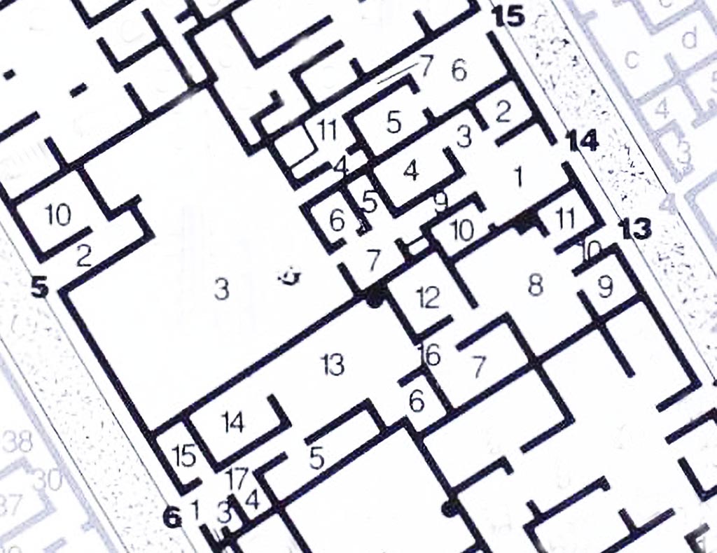 VI.11.14 Pompeii. Plan including VI.11.13 and VI.11.15.
See Carratelli, G. P., 1990-2003. Pompei: Pitture e Mosaici: Vol. V. Roma: Istituto della enciclopedia italiana, p. 71.
