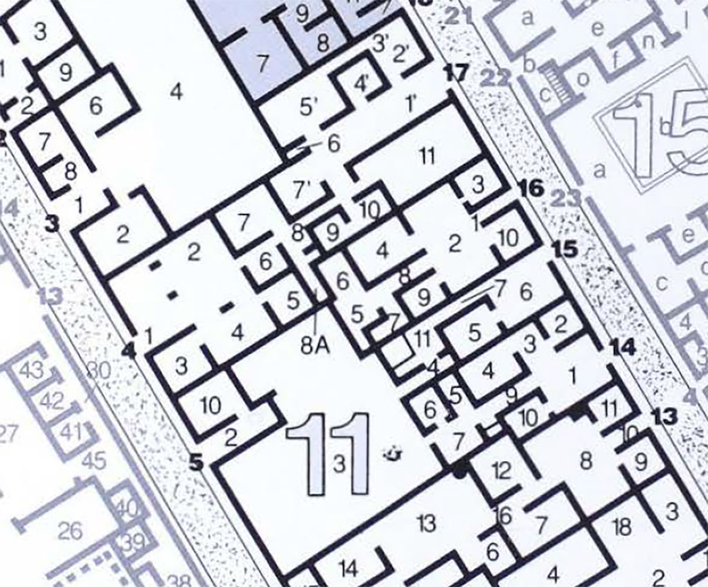 VI.11.5.15 Pompeii. Plan including VI.11.5 and VI.11.16.
See Carratelli, G. P., 1990-2003. Pompei: Pitture e Mosaici: Vol. V. Roma: Istituto della enciclopedia italiana, p. 76.


