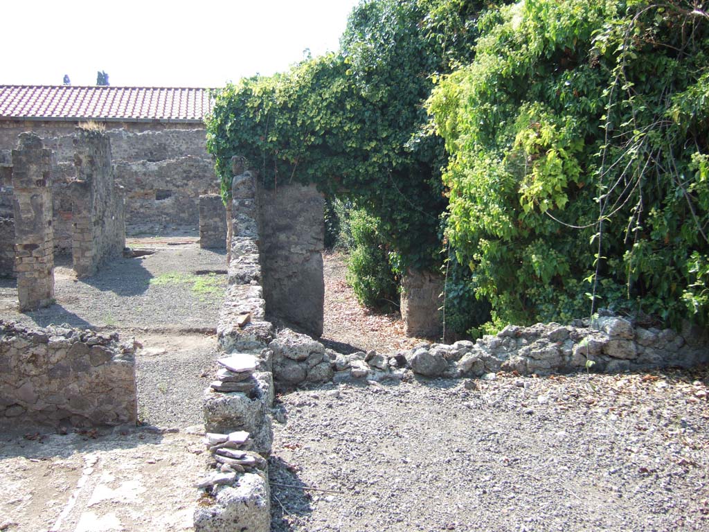 VI.11.17 looking towards VI.11.4 Pompeii. September 2005. Looking west from tablinum (7’).
At the rear of the tablinum are the remains of an oecus (7), this possibly may have been the room (or triclinium 5’) where Helbig described –
“Room beside the peristyle” a painting of Dionysus and Ariadne.
See Helbig, W., 1868. Wandgemälde der vom Vesuv verschütteten Städte Campaniens. Leipzig: Breitkopf und Härtel. (1233).
