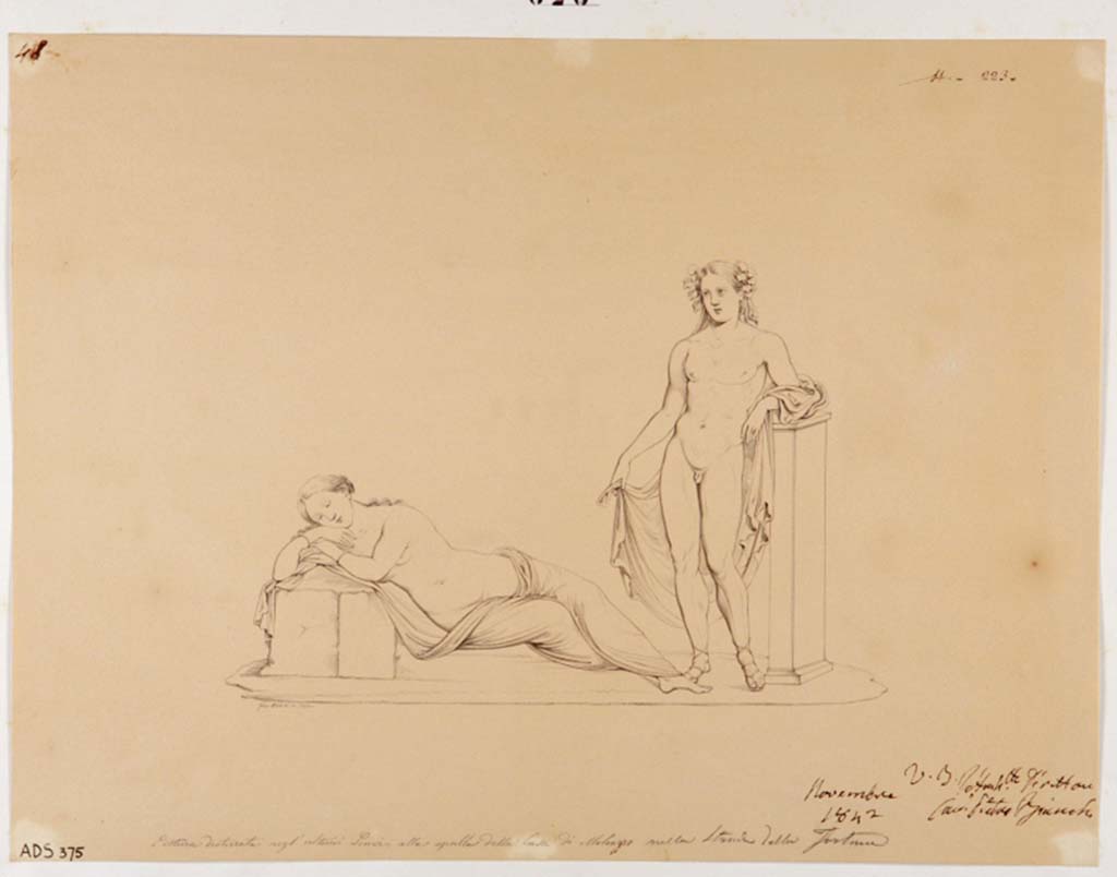 VI.11.17/4, Pompeii. Drawing by Giuseppe Abbate, 1842, of painting of Dionysus finding Ariadne, from a room near the peristyle.
Now in Naples Archaeological Museum. Inventory number ADS 375.
Photo © ICCD. https://www.catalogo.beniculturali.it
Utilizzabili alle condizioni della licenza Attribuzione - Non commerciale - Condividi allo stesso modo 2.5 Italia (CC BY-NC-SA 2.5 IT)
Kuivalainen comments –
“An almost naked canonical Bacchus discovers Ariadne, who is sleeping heavily, even if on an uncomfortable looking support.”
See Kuivalainen, I., 2021. The Portrayal of Pompeian Bacchus. Commentationes Humanarum Litterarum 140. Helsinki: Finnish Society of Sciences and Letters, (p.142, E1).

