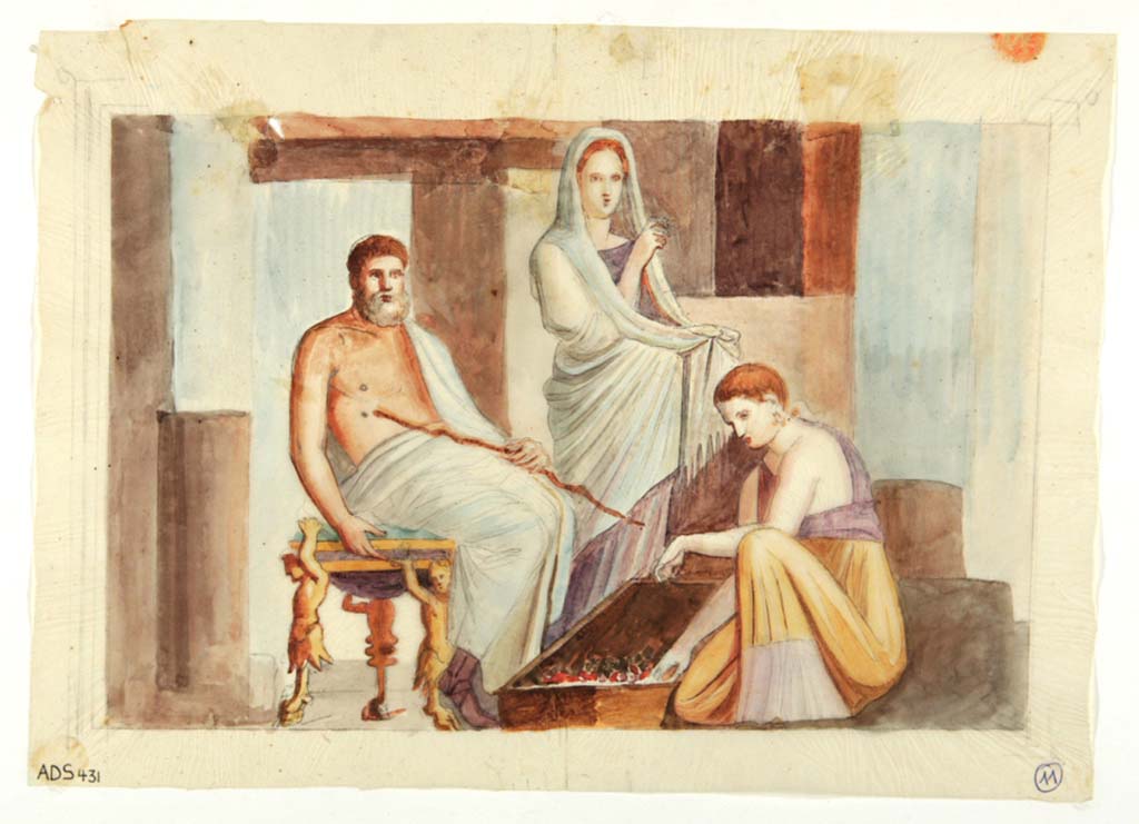 VI.14.12 Pompeii. Painting attributed to Giuseppe Marsigli because of the similarity to his drawing below. The painting was probably in the atrium. 
Now in Naples Archaeological Museum. Inventory number ADS 431.
Photo © ICCD. http://www.catalogo.beniculturali.it
Utilizzabili alle condizioni della licenza Attribuzione - Non commerciale - Condividi allo stesso modo 2.5 Italia (CC BY-NC-SA 2.5 IT)
