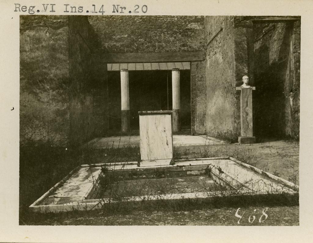VI.14.20 Pompeii. Pre-1937-39. Looking west across impluvium in atrium.
Photo courtesy of American Academy in Rome, Photographic Archive.  Warsher collection no. 468.

