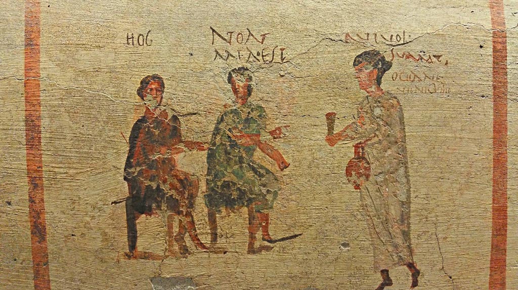 VI.14.35/36 Pompeii. W.85. Fresco of a scene of conflict (damaged), from the north wall. 
Now in Naples Archaeological Museum.  Inventory number 111482.
Photo by Tatiana Warscher. With kind permission of DAI Rome, whose copyright it remains. 
See http://arachne.uni-koeln.de/item/marbilderbestand/231979 

According to Berry, the men fight and the innkeeper tells them to leave. 
Above his head are the words “Go on, get out of here! You have been fighting”!
See Berry, J., 2007. The Complete Pompeii. London, Thames & Hudson, (p.231-2)

According to Epigraphik-Datenbank Clauss/Slaby (See www.manfredclauss.de), these are part of CIL IV 3494;

Noxsi(!)
Ame
Tria
eco(!)
fui

Or(o) te fellator
eco(!) fui 

Itis
Foras
rixsatis(!)      [CIL IV 3494 part]

