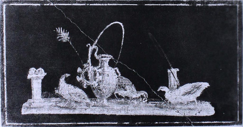 VI.15.1 Pompeii. Old photo from east wall in ala on north side of atrium.
Painted panel with 3 guinea fowl and a metallic hydria with a crown on its handle.

