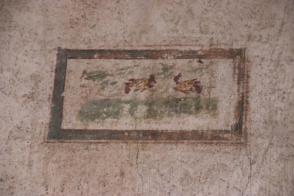 VI.15.1 Pompeii. October 2024. Cubiculum g, painted panel in centre of east wall. Photo courtesy of Klaus Heese.