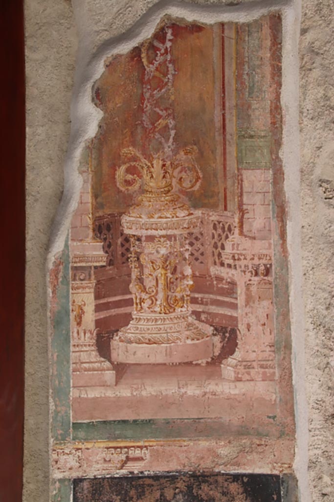 VI.15. I Pompeii. October 2023. 
South side of atrium, decorative painting between doorways. Photo courtesy of Klaus Heese.
