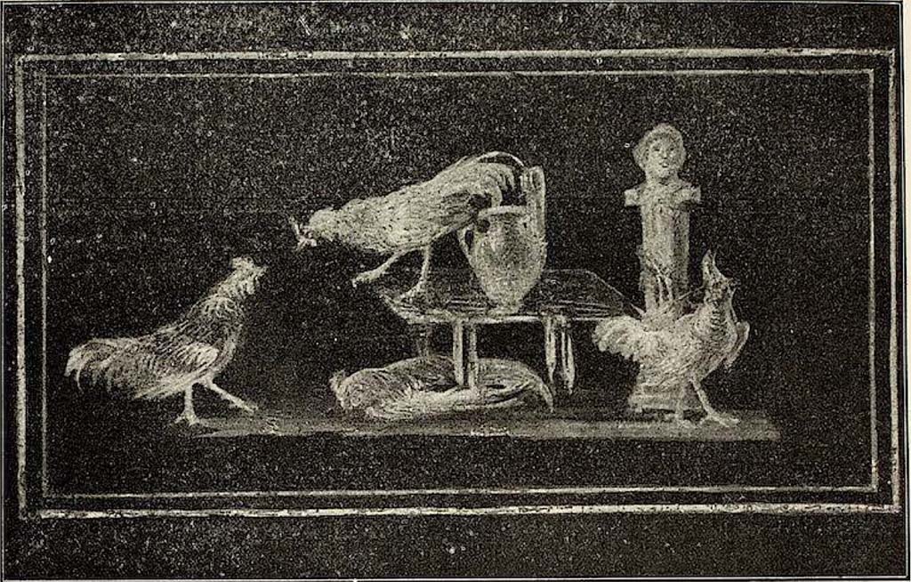 VI.15.1 Pompeii. 1898. Painting with 4 cockerels, one dead, on south wall in ala on south side of atrium.
In the centre is a table from which hang two ribbons, and on which stand a jug and a cockerel clashing with another cockerel below left.
A herm with the attitude of victory is on the right and in front of it is a cockerel with a palm branch in its beak.
See Sogliano A. La Casa dei Vettii in Monumenti Antichi VIII. Milan: Hoepli, p. 266 and fig. 12.
