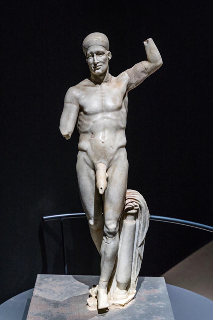 VI.15.1 Pompeii. March 2023. 
Statue of Priapus, on display in exhibition in Palaestra. Photo courtesy of Johannes Eber.

