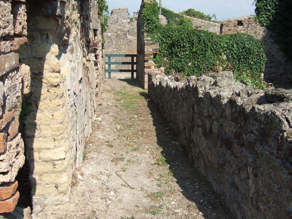 VI.15.14 Pompeii. September 2004. Looking west along entrance corridor towards atrium at its end. On the left is the doorway to the garden area at the rear of VI.15.13. On the right are two doorways linking with the rooms of VI.15.15.
