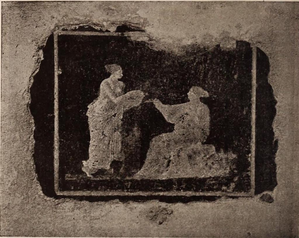 VI.15.23 Pompeii. 1897. 
Painting on pilaster of two women, one seated, on east portico between oecus and tablinum/triclinium.
According to Sogliano, the meaning of this painting is not clear.
However, the painting was excellent, especially the figure of the standing young woman, which was delightfully painted.
See Notizie degli Scavi di Antichità, 1897, p. 154, fig. 2.
