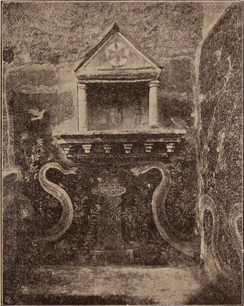 VI.15.23 Pompeii. 1897. Lararium on west wall of kitchen. 
See Notizie degli Scavi di Antichità, 1897, p. 39, with photograph, p. 105.
