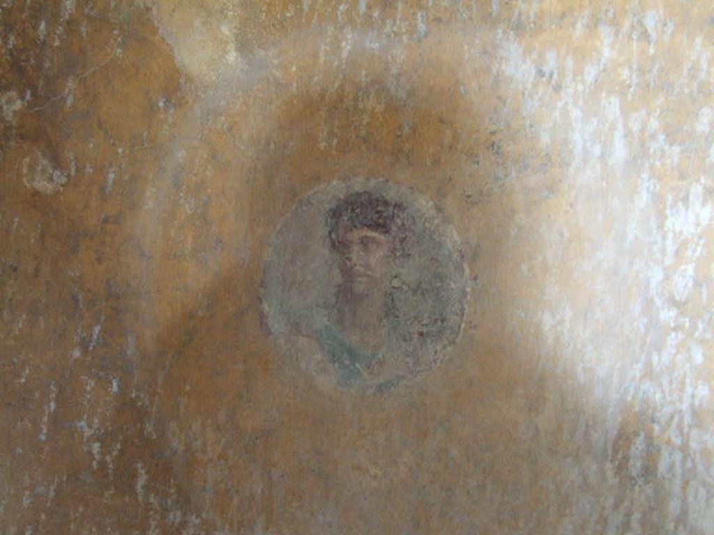VI.16.7 Pompeii. May 2006. Room R, painted medallion on south end of the west wall.