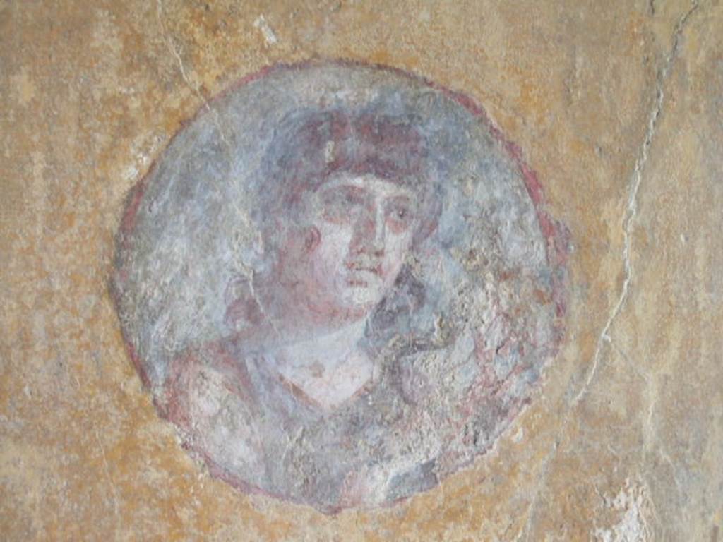 VI.16.7 Pompeii. May 2006. Room R, painted medallion on west end of north wall.