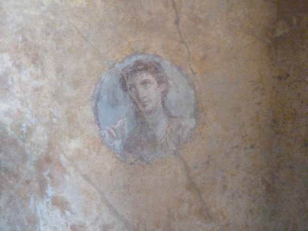 VI.16.7 Pompeii. May 2010. Room R, painted medallion on east end of north wall.