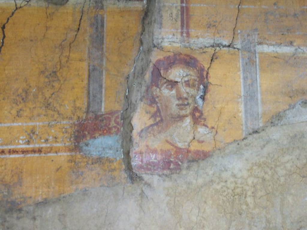 VI.16.7 Pompeii. May 2006. Room N, painting of face on west end of north wall.