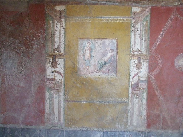 VI.16.15 Pompeii. May 2015. West wall of room F, central wall painting of Selene and Endymion. Photo courtesy of Buzz Ferebee.
