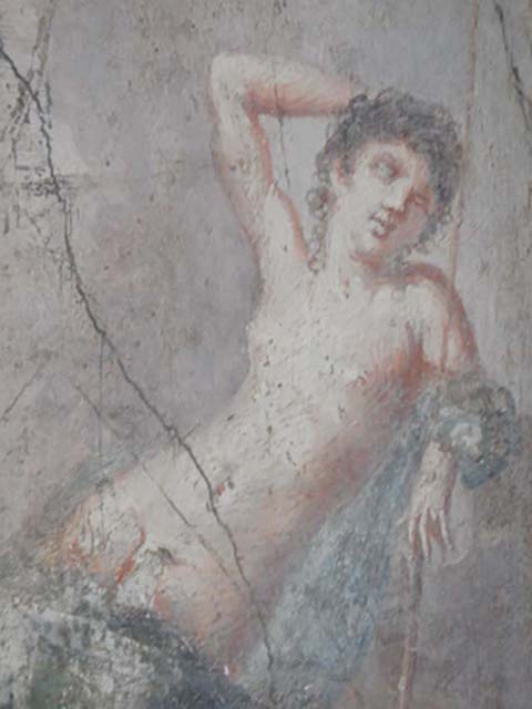 VI.16.15 Pompeii. December 2006.  West wall of room F, with detail of central wall painting of Selene and Endymion. On the right was Endymion, lying on a rock, naked except for a green blanket. At the foot of the rock was a dog with a big collar, looking towards the goddess, barking. The goddess Selene comes from the left, touching the earth with the toes of her sandals. The goddess’s head was surrounded by a red nimbus with white edging. See Notizie degli Scavi, 1908, (p.73)
