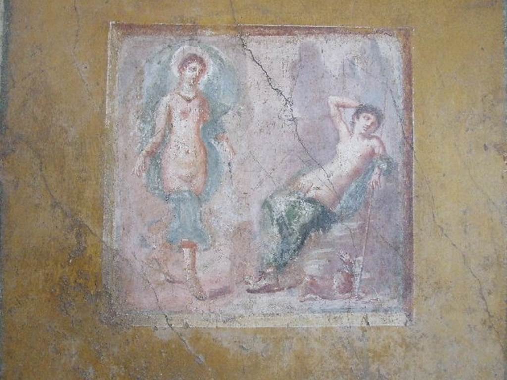 VI.16.15 Pompeii. December 2006. Base of west wall of room F with detail of wall painting of plants.