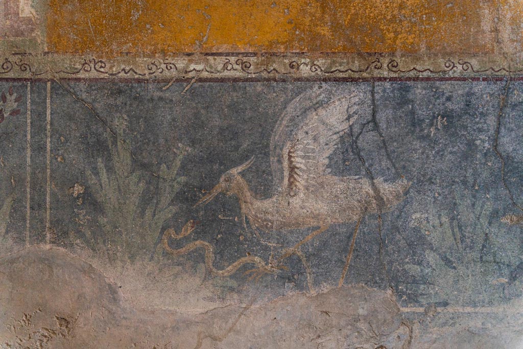 VI.16.15 Pompeii. December 2006. Upper south end of west wall of room F with detail of wall decoration.
