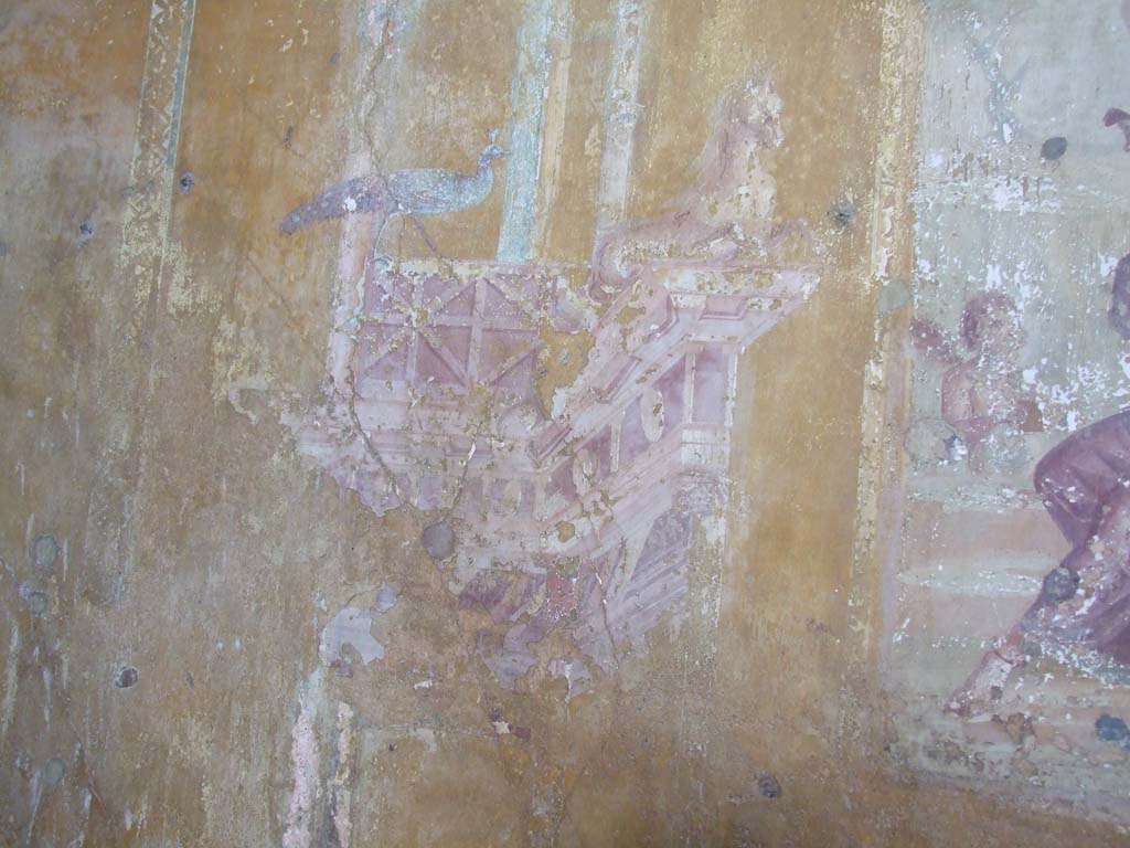 VI.16.15 Pompeii. December 2006. North wall of room G with detail of architectural wall painting with peacock and sea creature.